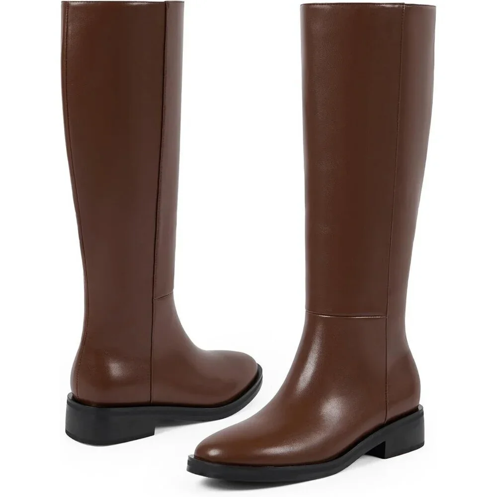 Women Polyurethane Brown Round Toe Flat Heel Side Zipper Knee High Tall Boots
